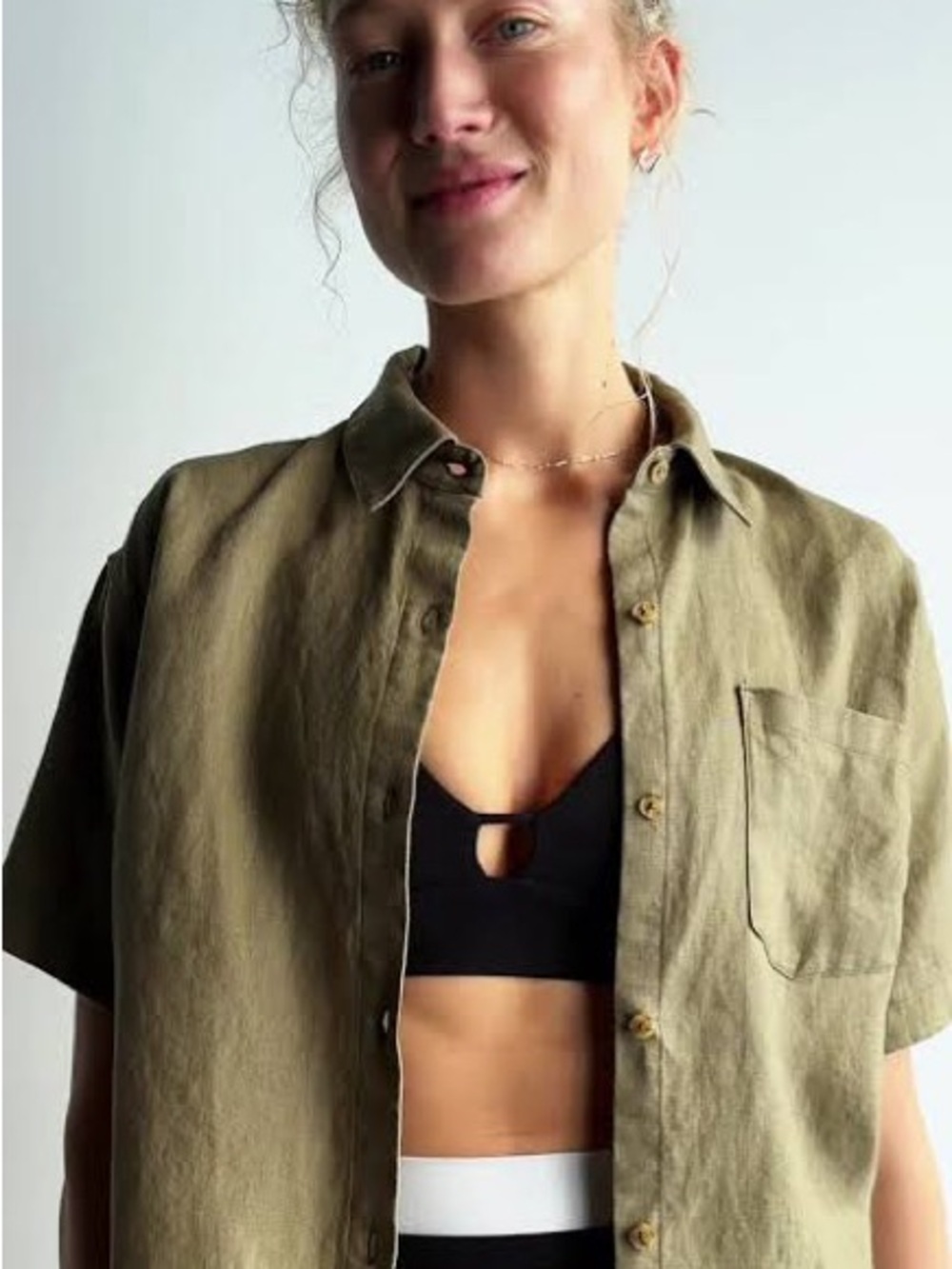 Athleta Olive Green Retreat Linen Short Sleeve Shirt